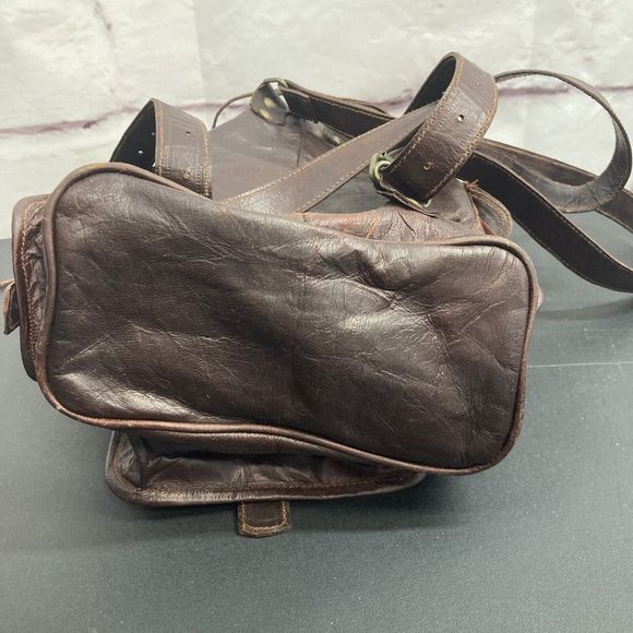 Genuine Leather Backpack Purse Pockets Adjustable Drawstring Buckle Brown Soft - Picture 8 of 14